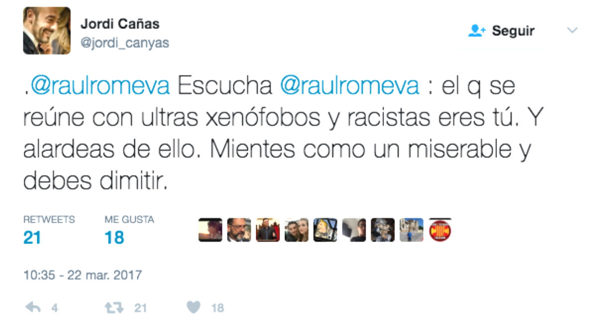 Ciudadanos le recuerda a Romeva que «el que se reúne con ultras xenófobos y racistas eres tú» (Foto: Twitter)