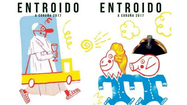 Los polémicos carteles del Carnaval de La Coruña con un papa borracho.