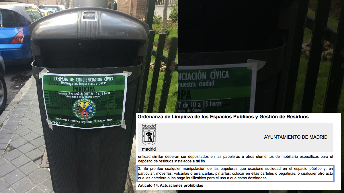 Papeleras de Barajas han aparecido con carteles ilegales del Ayuntamiento como recoge la ordenanza. (Foto: TW)