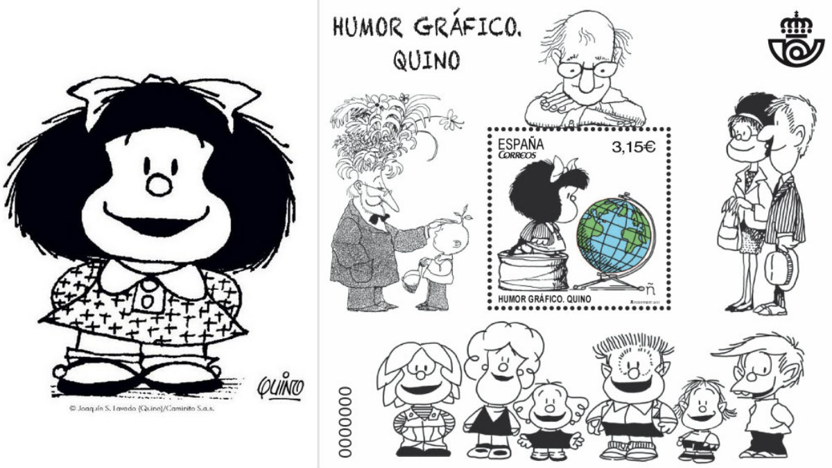 La célebre creación de Quino, la joven inteligente y pensativa Mafalda. Foto: Correos / Quino