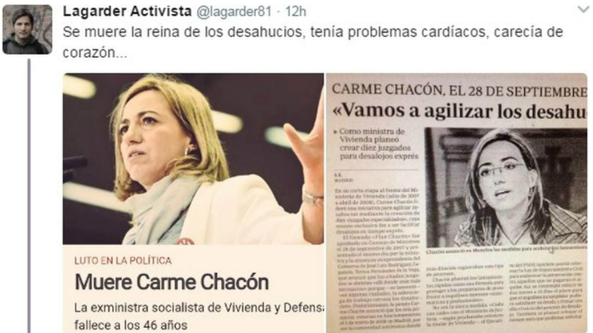 Legarder ataca en Twitter a la ex ministra Carme Chacón tras conocerse su fallecimiento