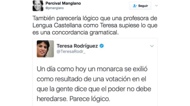 Percival Manglano le corrige a Teresa Rodríguez un error de concordancia gramatical.