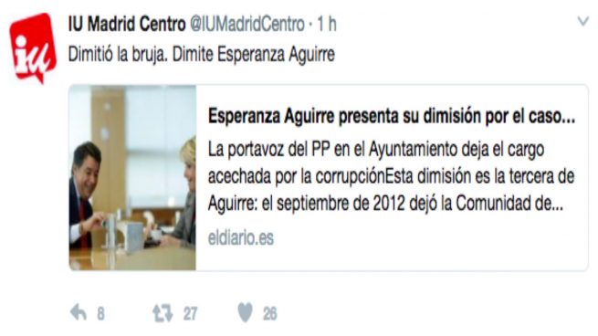 IU, tras la dimisión de Aguirre: «Dimitió la bruja»