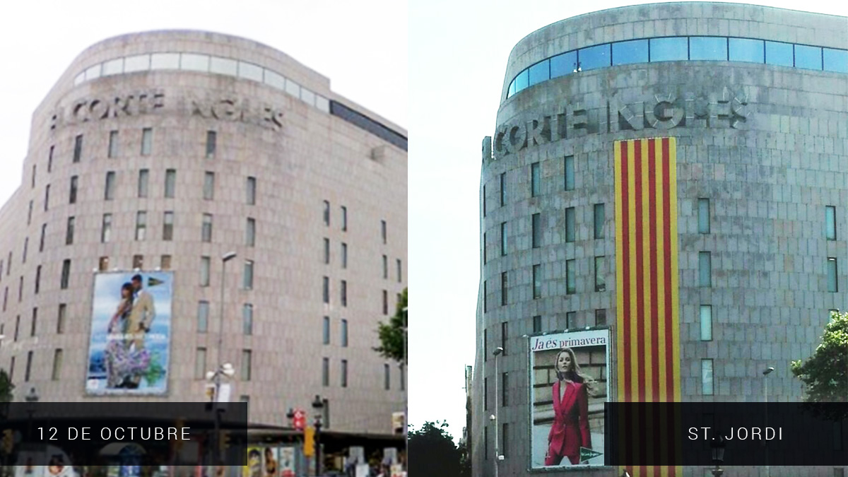 El Corte Inglés de Plaza Catalunya (Barcelona) en la Hispanidad (izq) y en la festividad de Sant Jordi (dcha).