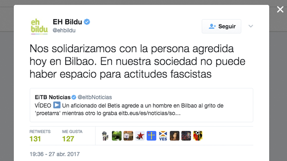 Tuit de Bildu sobre la agresión en Bilbao.