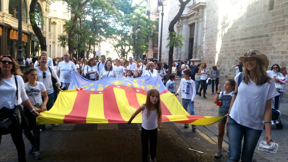 Asistentes a la manifestación portan una gran bandera de la Comunidad valenciana