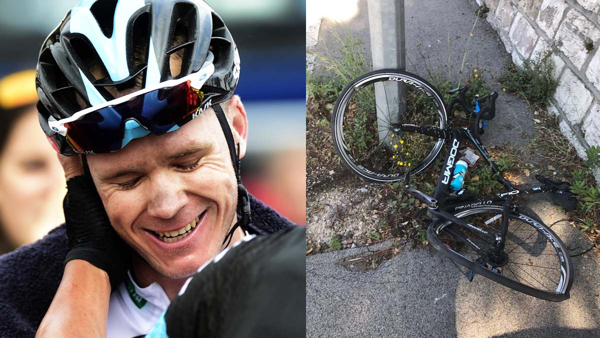 Chris Froome y el estado de su biciclieta tras el atropello. (Fotos: AFP/Twitter)