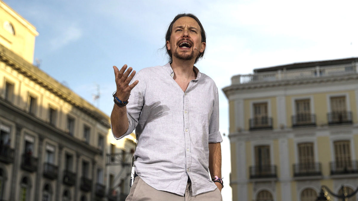 El líder de Podemos, Pablo Iglesias, durante el acto celebrado en la Puerta del Sol.