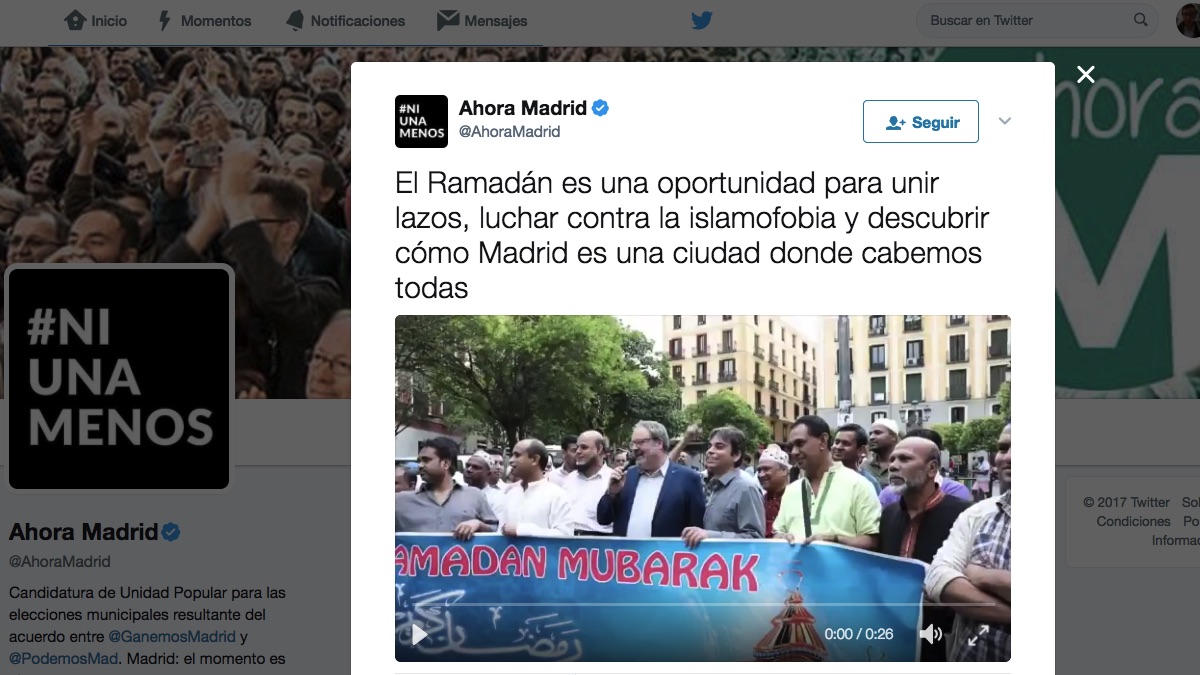 Tuit de Ahora Madrid apoyando el Ramadán.