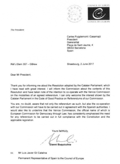 Carta remitida por el Gianni Buquicchio a Puigdemont. 