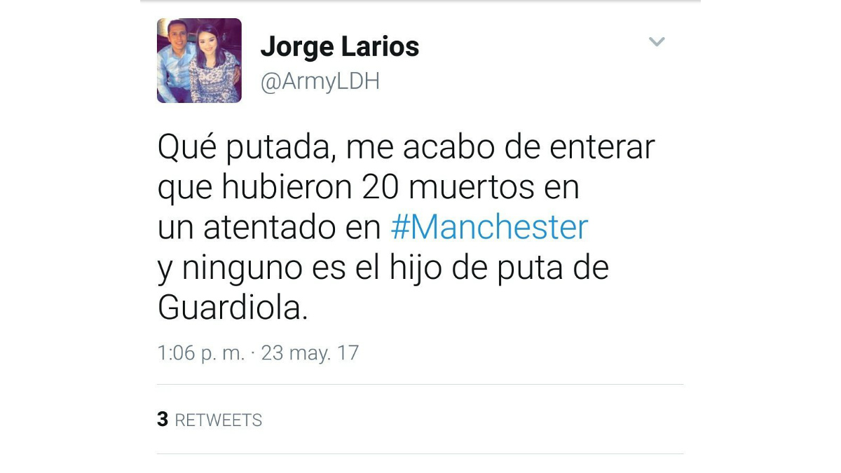 Tuit de Jorge Larios en el que lamentaba que ningún catalán hubiera muerto en el atentado de Mánchester.