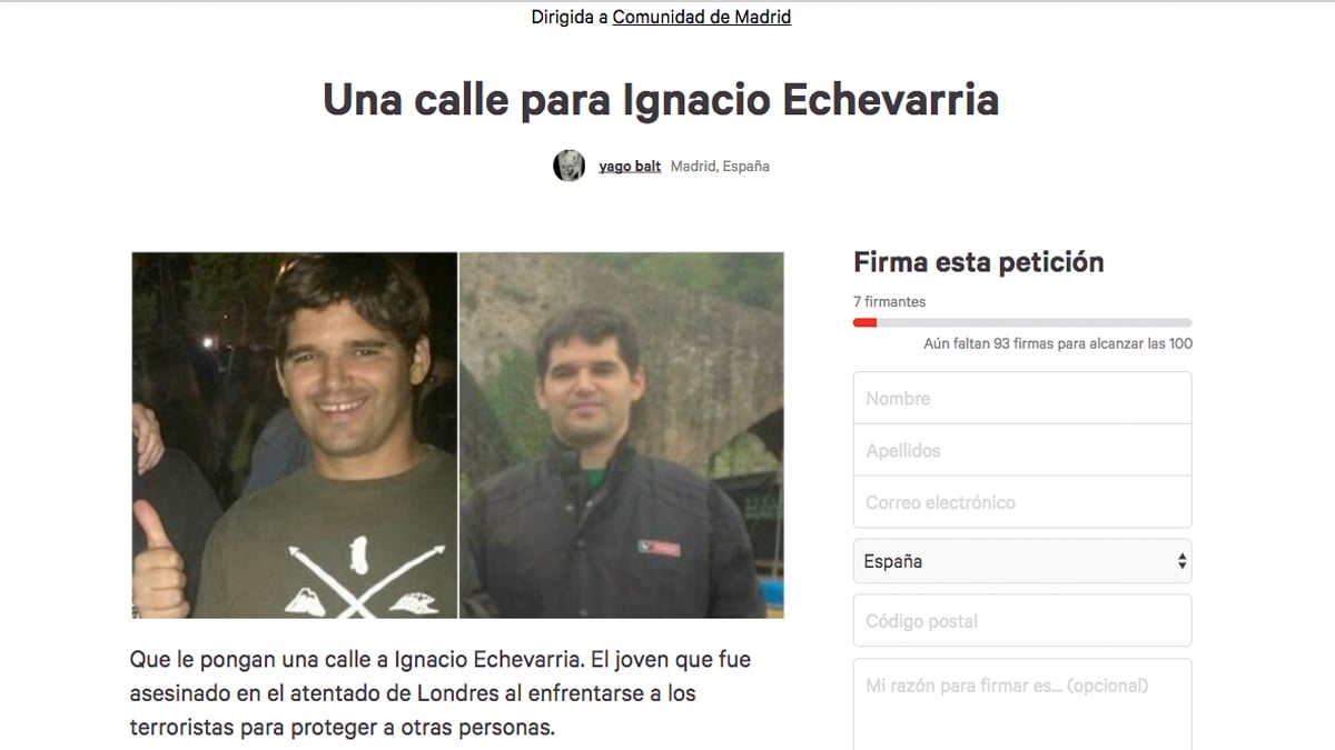 Recogida de firmas para que Ignacio Echeverría tenga una calle en Madrid.