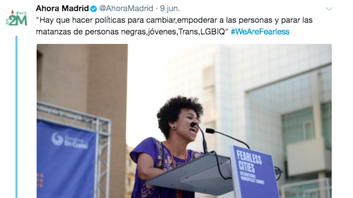 Mensaje difundido en las redes sociales por Ahora Madrid, la marca de Podemos encabezada por Manuela Carmena.
