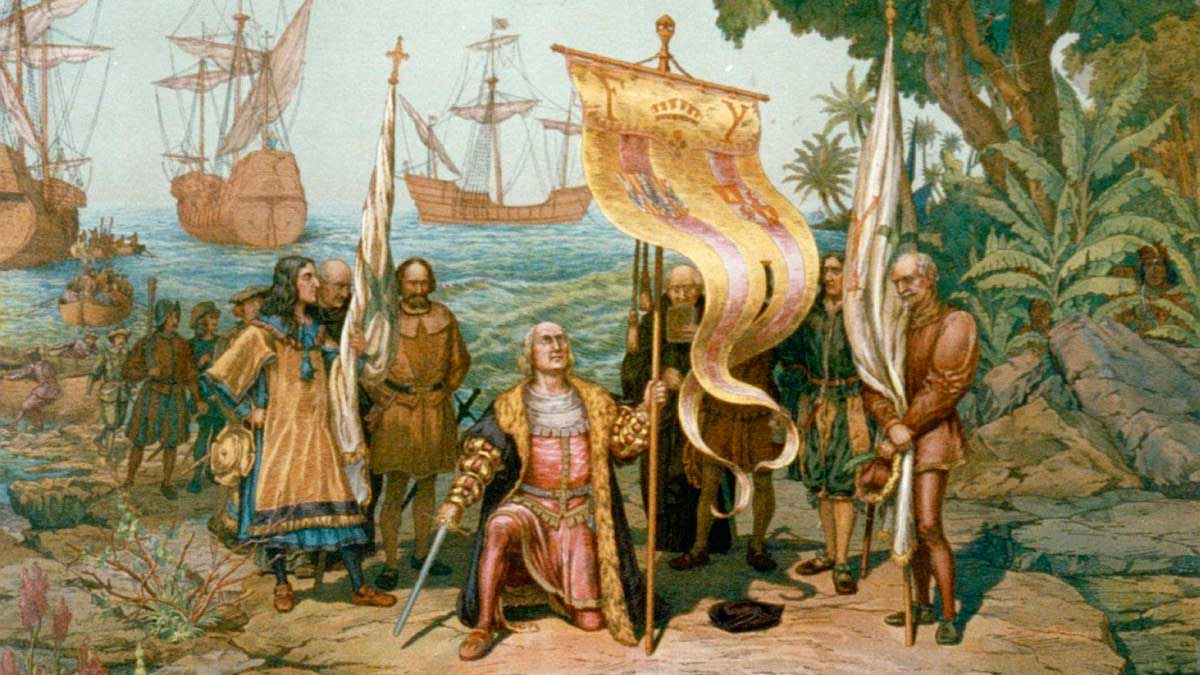 Ilustración de Colón desembarcando en América