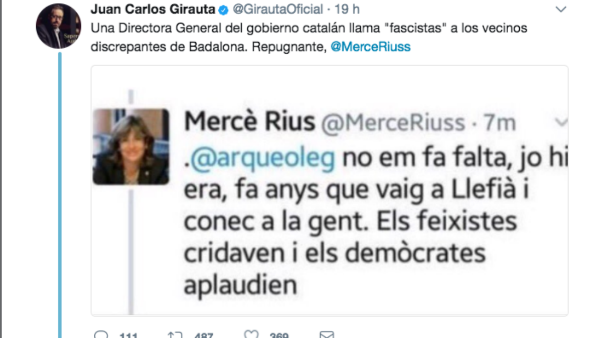 Mensaje publicado en Twitter por la directora general de Cambio Climático de la Generalitat, Mercè Rius.