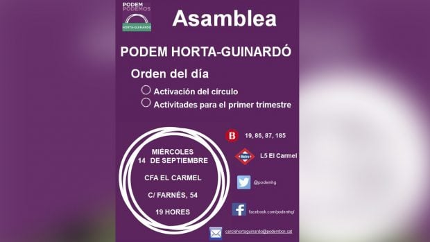 Convocatoria de asambleas y talleres de Podemos en el CFA El Carmel (Barcelona).