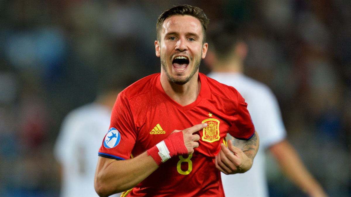 Saúl celebra uno de sus tres goles ante Italia. (Getty)