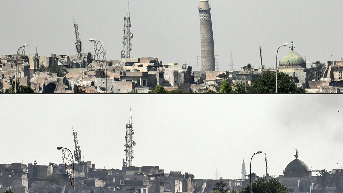 Entorno de la mezquita Al Nuri en Mosul antes y después de los combates. (Foto: AFP)