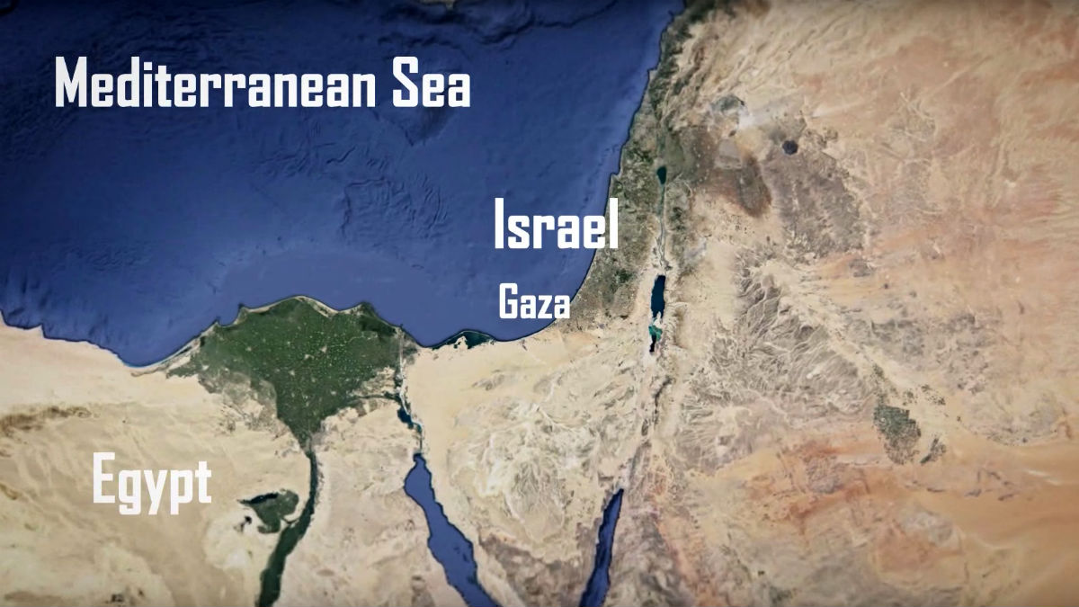 Mapa de la región: Israel, franja de Gaza, Egipto y el Mediterráneo, donde se construiría la isla.