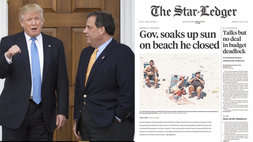 Donald Trump junto a Chris Christie (AFP) y a la derecha, el periódico de mayor tirada en New Jersey.