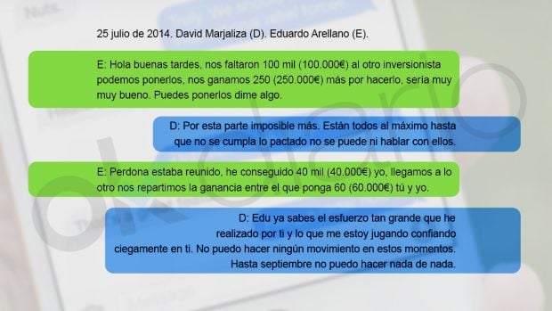 Recreación de los sms de David Marjaliza y Eduardo Arellano incluidos en un informe de la UCO.