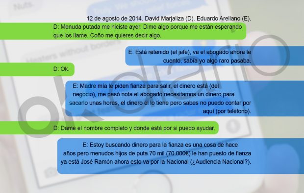 Recreación de los sms de David Marjaliza y Eduardo Arellano incluidos en un informe de la UCO.