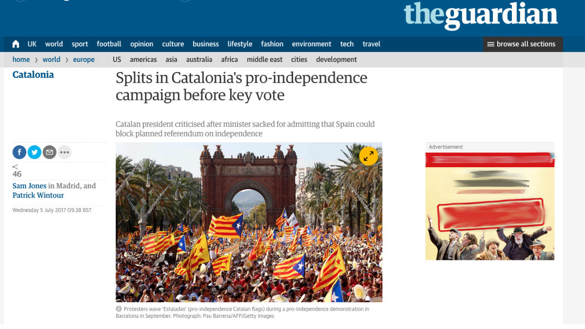 La noticia de ‘The Guardian’ que habla de los problemas internos que tienen los partidos independizas de Cataluña frente al referéndum ilegal.