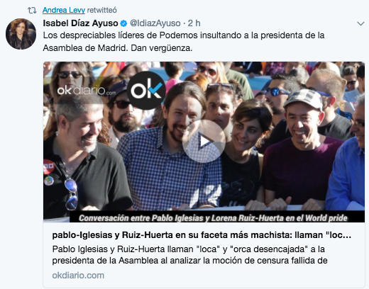 Levy, víctima del ultramachismo de Iglesias, condena los insultos de los podemitas a Adrados