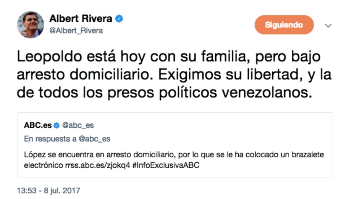 Albert Rivera recuerda que Leopoldo López sigue en arresto domiciliario.