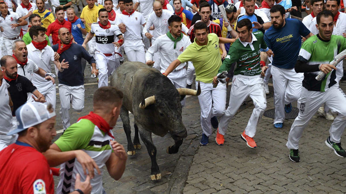 ‘Diputado’, el toro de José Escolar que se ha quedado rezagado en el segundo encierro de los sanfermines. (EFE)