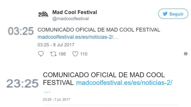 MAd Cool intenta falsear la hora de publicación del tuit sobre la muerte de una acróbata en el fesstival