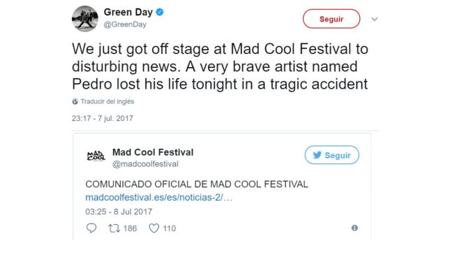 Green Day anuncia 4 horas antes la muerte del acróbata en el MAd Cool que la organización del festival.