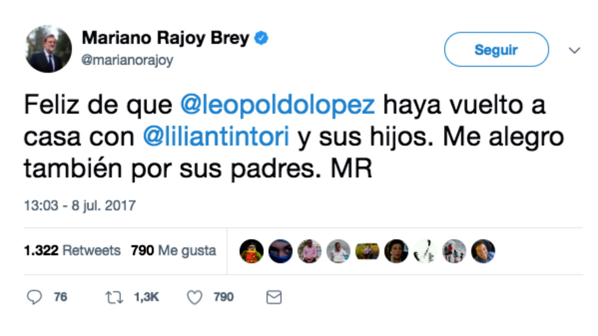 Mariano Rajoy ha confirmado la «feliz» noticia de la liberación de Leopoldo López.