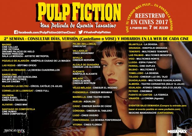 Los cines españoles que proyectan el clásico del cine dirigido por Quentin Tarantino, 'Pulp Fiction'.