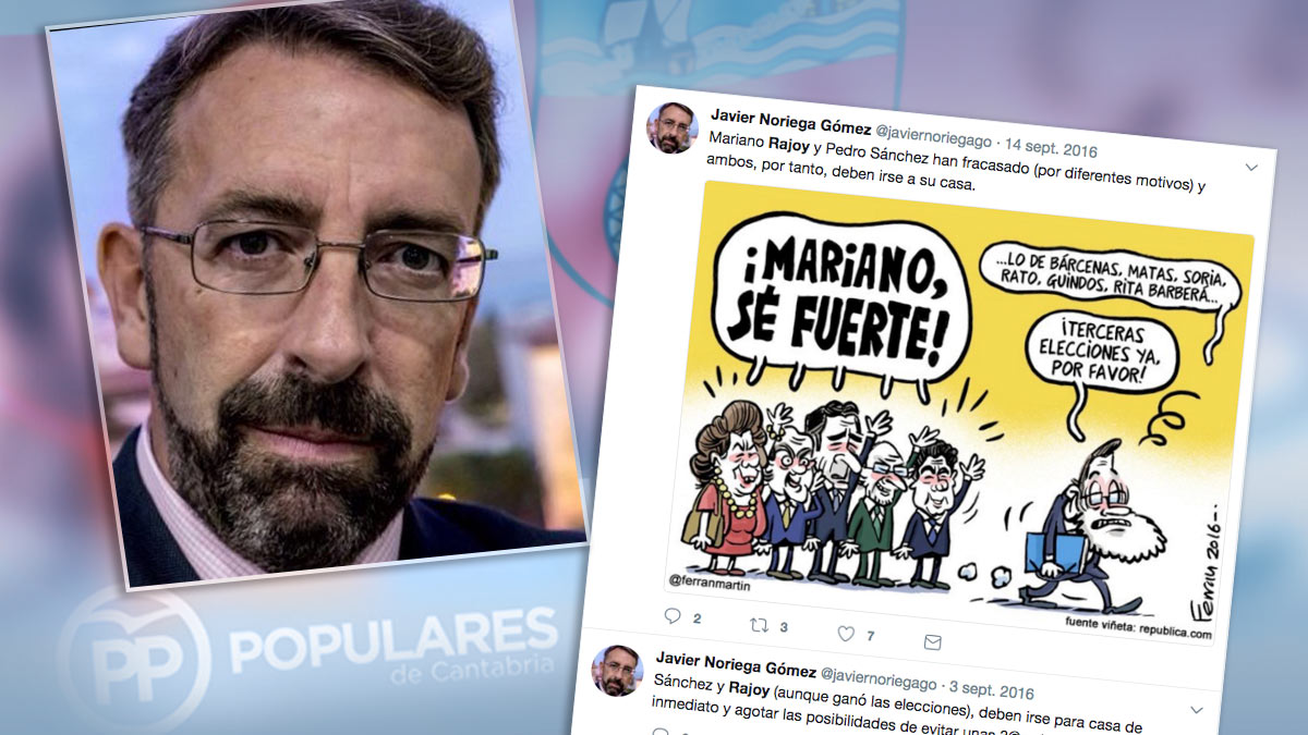 El presidente del Comité de Derechos y Garantías del PP de Cantabria, Javier Noriega, junto a algunos de sus tuits.