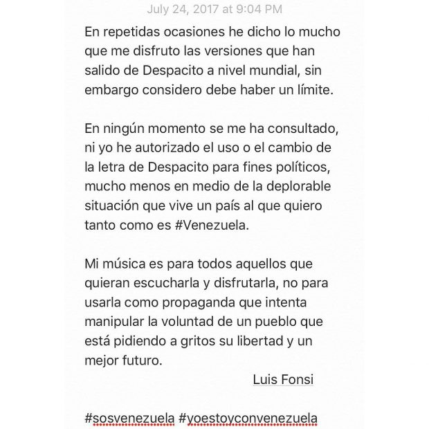 Luis Fonsi no quiere que Maduro baile 
