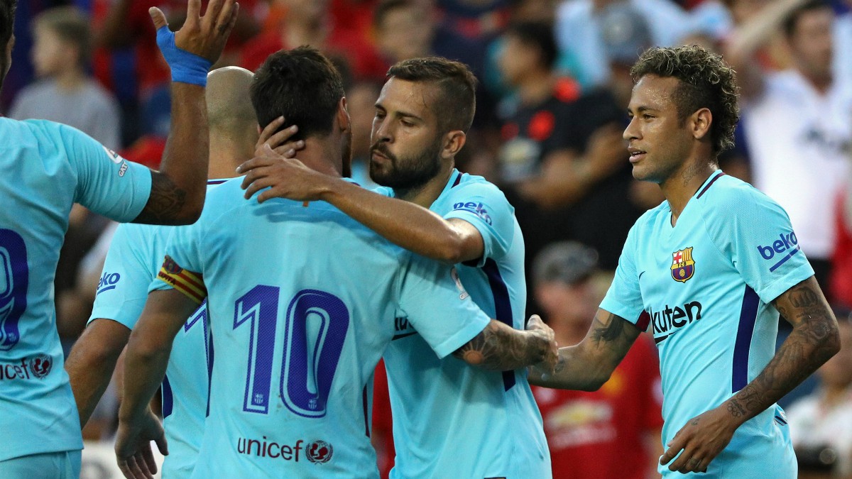 Los jugadores del Barcelona celebran el gol de Neymar. (Getty)