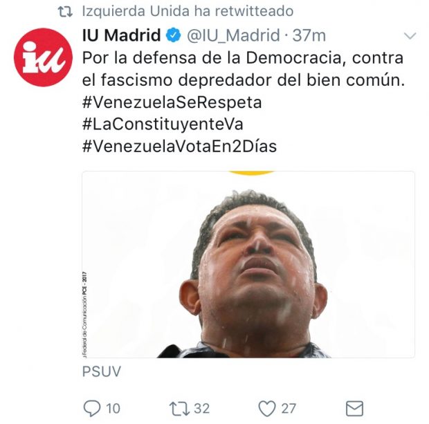 IU con los dictadores venezolanos: felicita el cumpleaños a Chávez mientras mueren opositores en Venezuela
