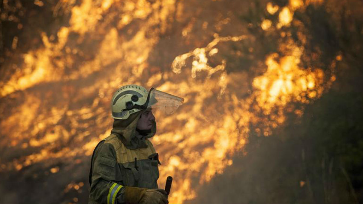 Un brigadista trabaja en el incendio junto al pueblo orensano de Monterrei, en la parroquia de Infesta. (Foto: EFE)