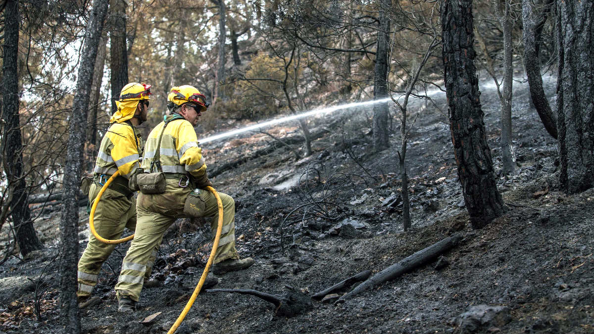 Dos brigadistas en las labores de extensión del incendio de Yeste (Foto: Efe).