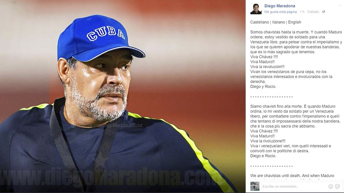 Diego Armando Maradona apoya a Nicolás Maduro en Facebook.