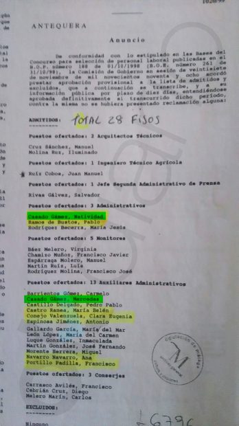 Acta de admision de la esposa y cuñada de Ruiz Espejo (PSOE) en el ayuntamiento de Antequera