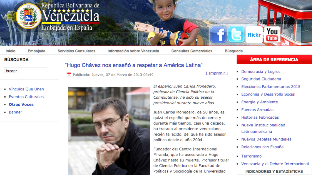 La Embajada de Venezuela en Madrid difunde en su web la entrevista en la que Maduro admite que asesoró a Chávez durante nueve años.