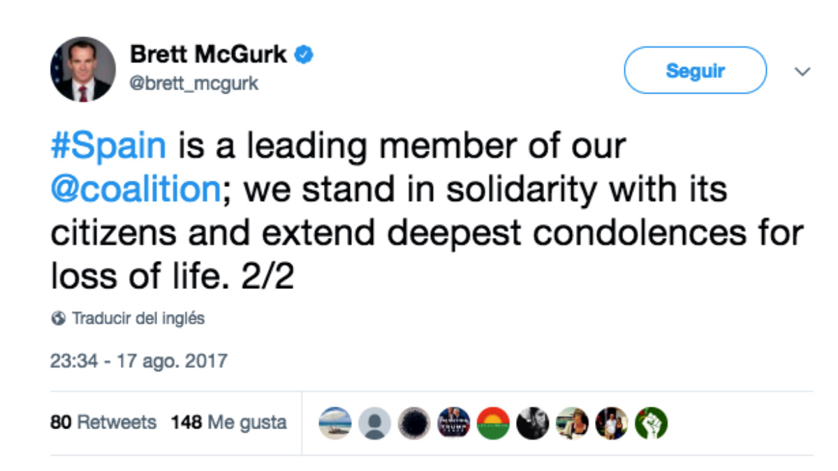 Brett McGurk, enviado de EEUU a la coalición contra el ISIS, en su tuit de apoyo a España tras el atentado de Barcelona.