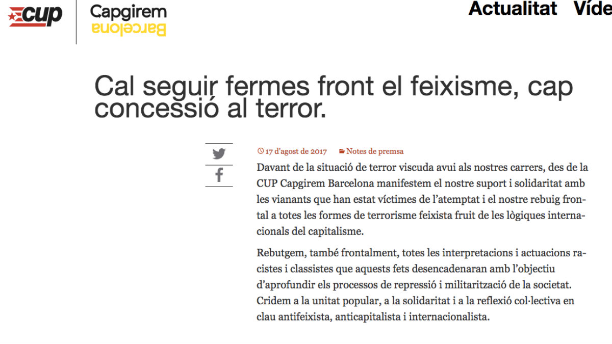 Comunicado de la CUP culpando al capitalismo del atentado de Barcelona.