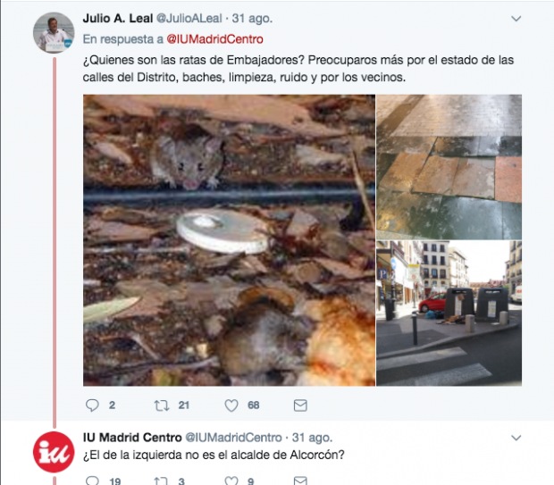 Twitter carga contra IU por llamar cucaracha a Cifuentes y rata al alcalde de Alcorcón