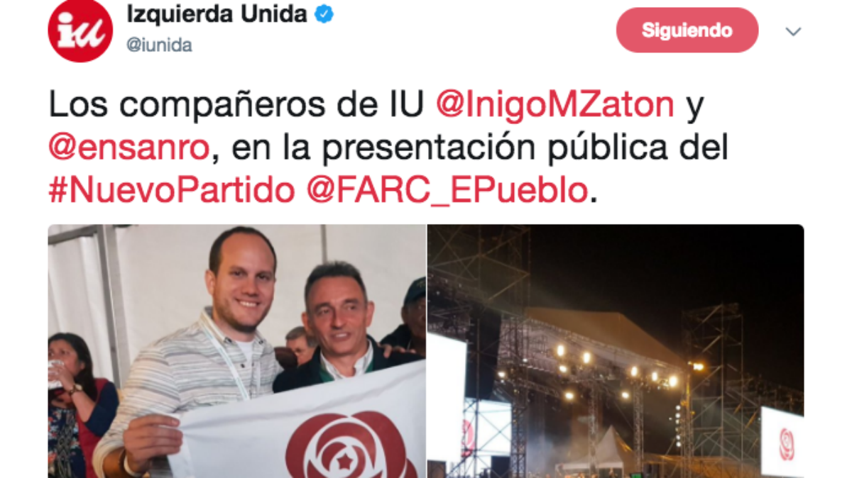 Los miembros de IU Íñigo Martínez y Enrique Santiago dando su apoyo en Colombia a la candidatura de las FARC.