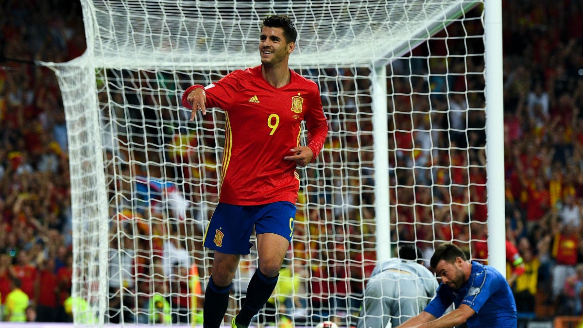 Álvaro morata, enla celebración del tercer gol a Italia (Getty).