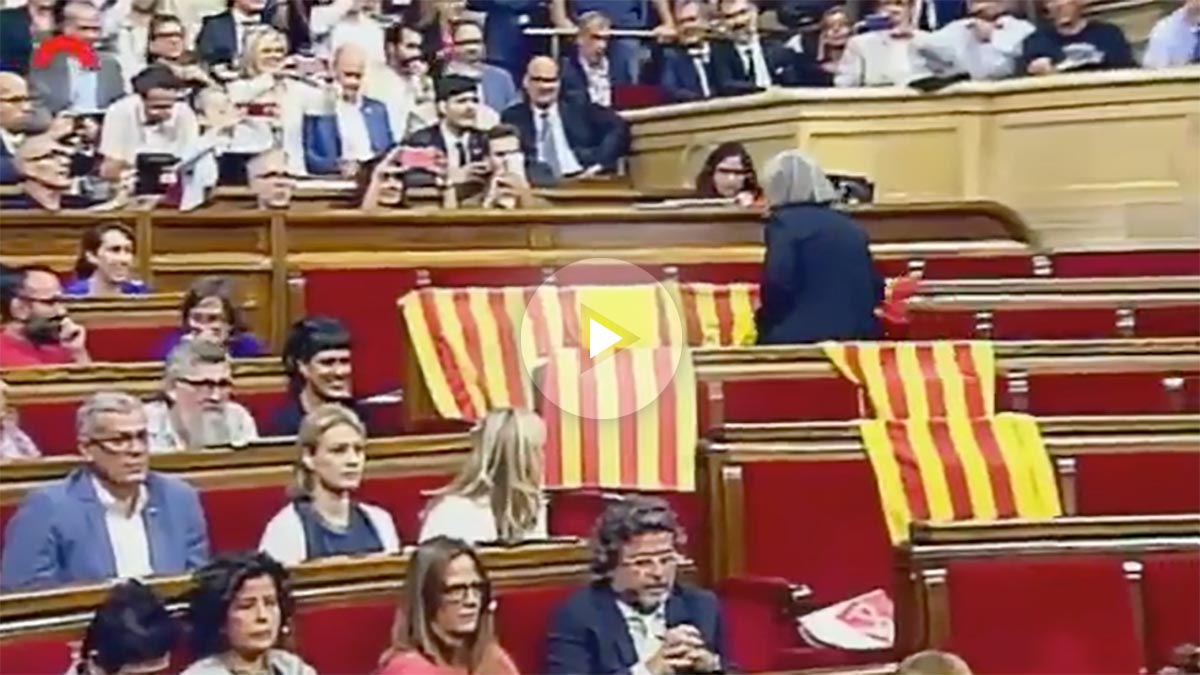 La diputada de Podemos Àngels Martínez Castells quita las banderas españolas de los escaños del PP en el Parlament.
