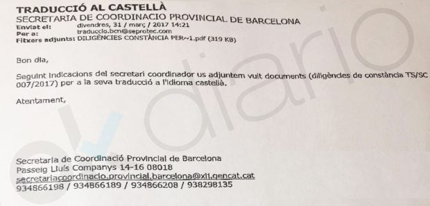 Correo electrónico de la Secretaría de Coordinación Provincial de Barcelona (Ministerio de Justicia).